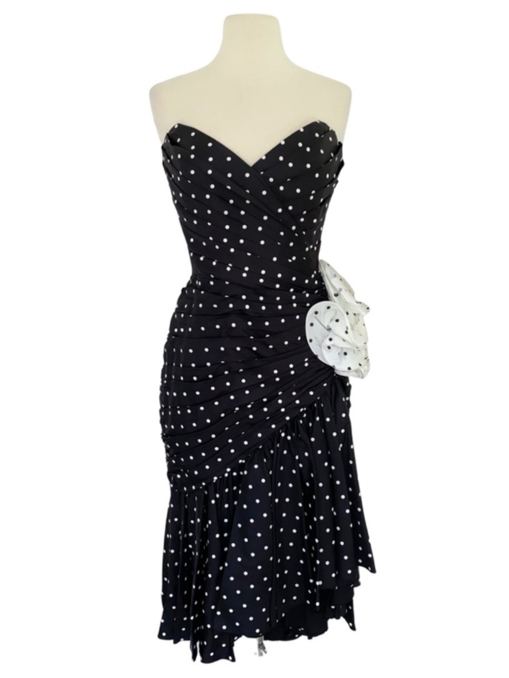 VTG 80s Tadashi Polka Dot Strapless Rosette Black Dress 8